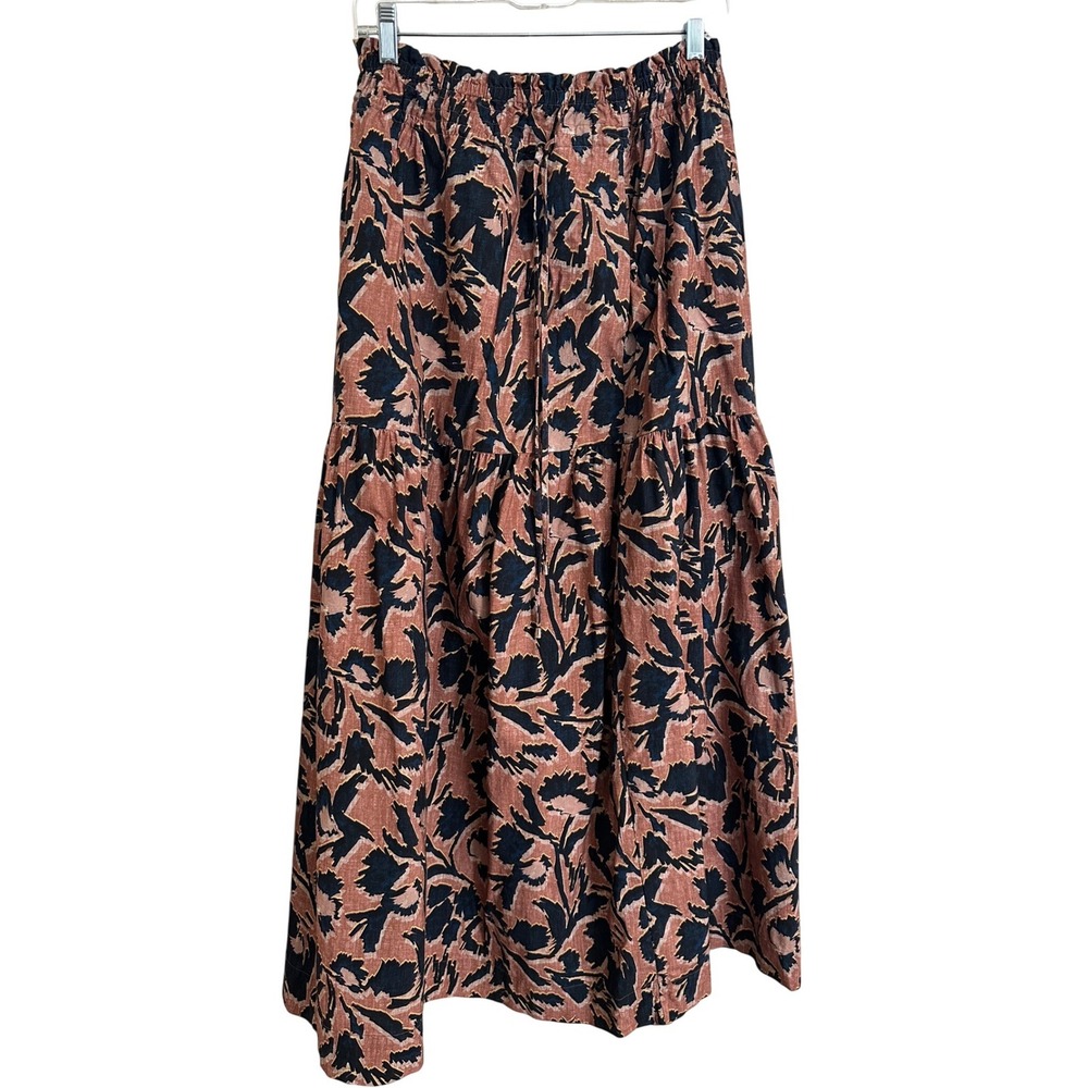 EVEREVE Tiered Midi Skirt Abstract Floral Brown Navy Smocked M